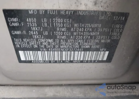 2015 Subaru Outback 3.6R Limited z USA, uszkodzony, nr VIN 4S4BSENC6F3272445